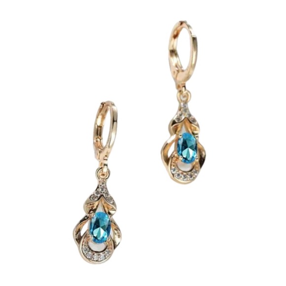Classic Diamond and Aquamarine Gold Toned Leverback Earrings - Picture 2 of 2
